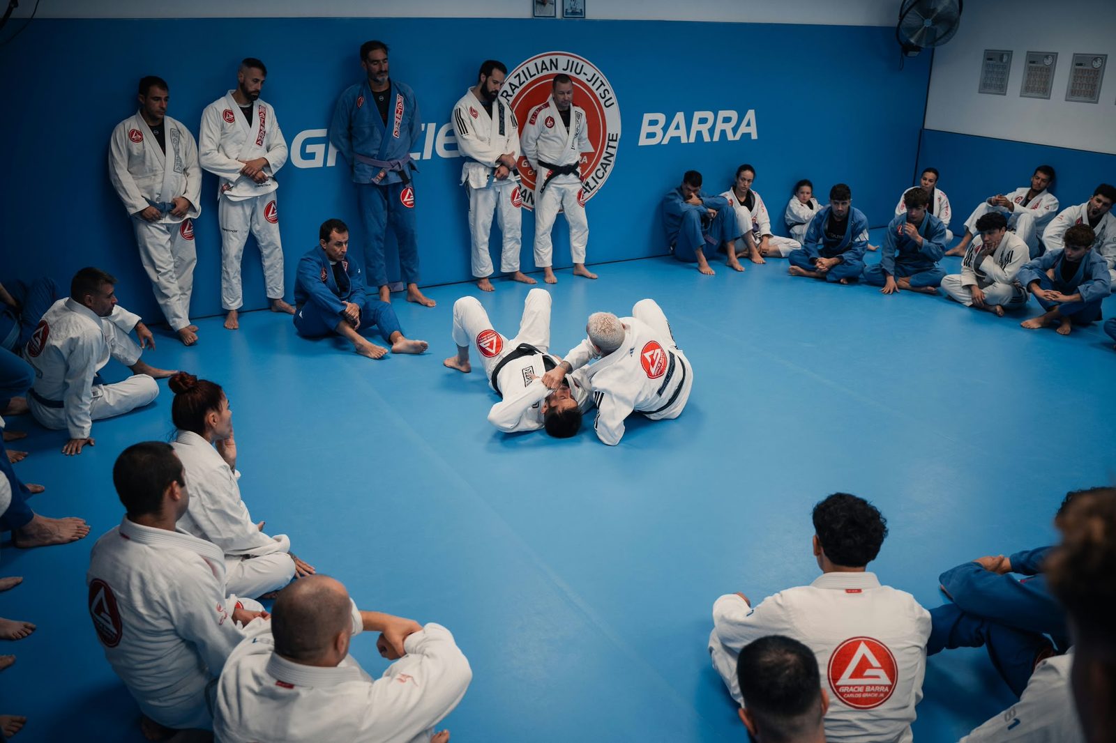 A Gracie Barra class training on the mat