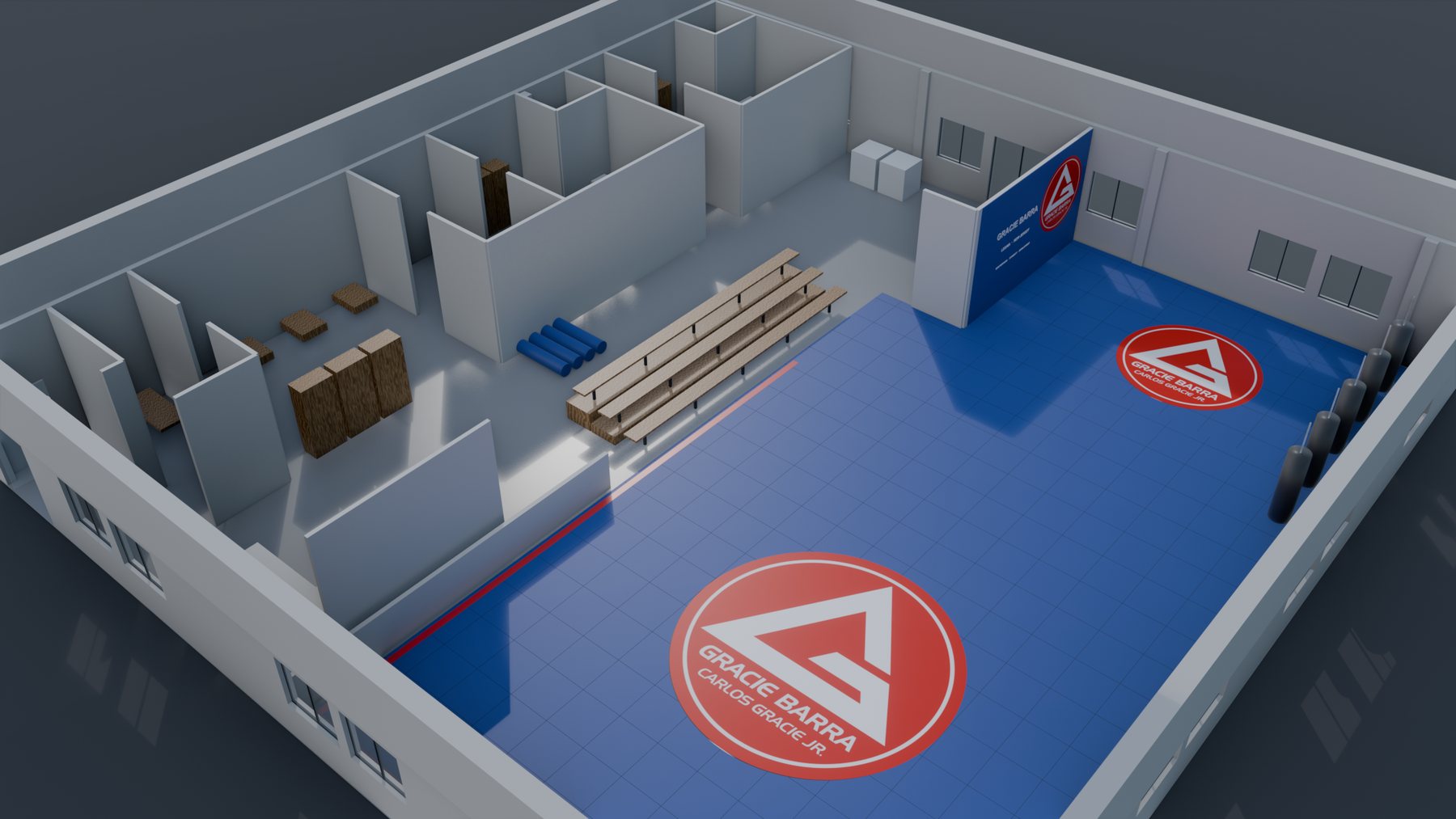 Aerial cutaway render of the Gracie Barra Leonia academy