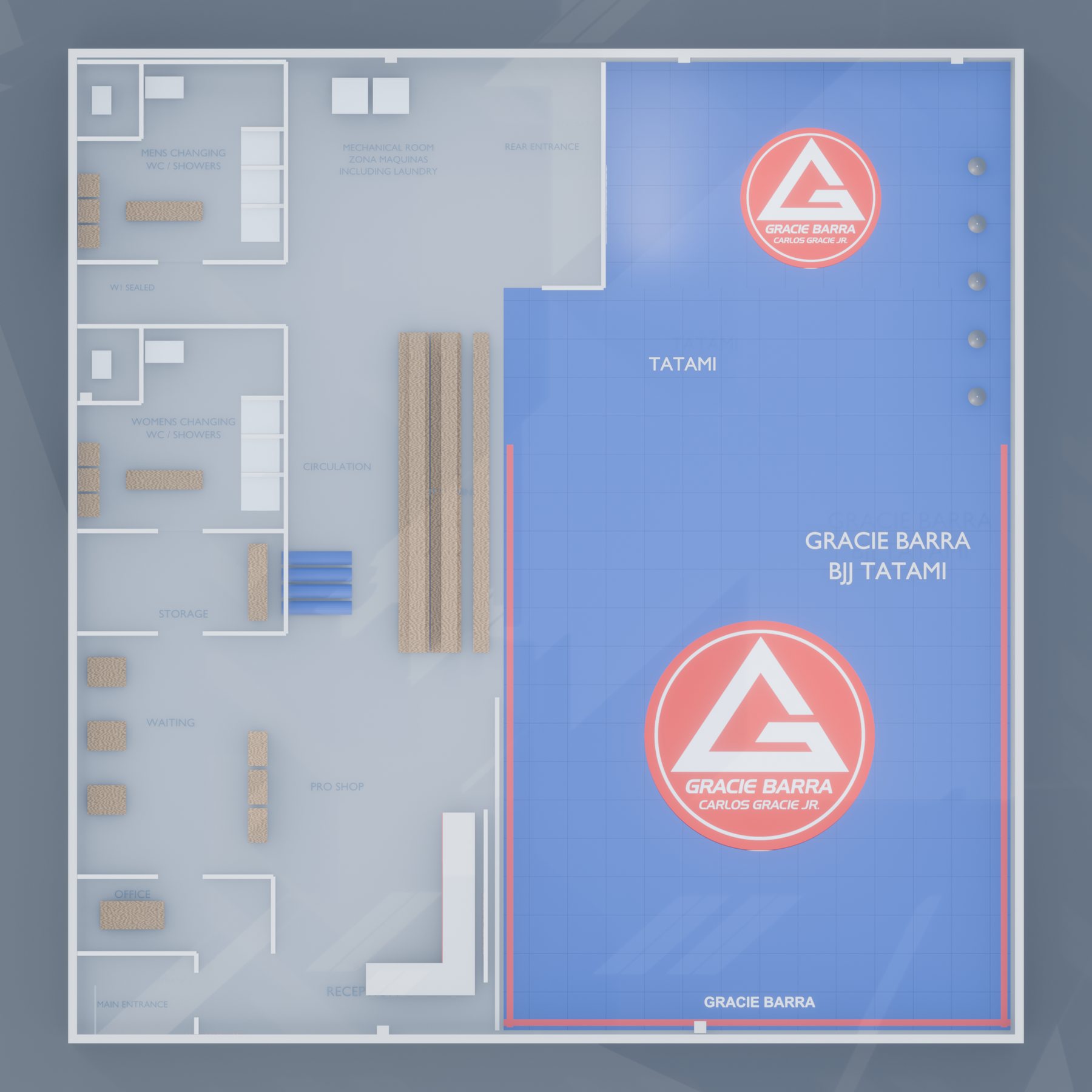 Annotated floor plan of the proposed Gracie Barra Leonia academy